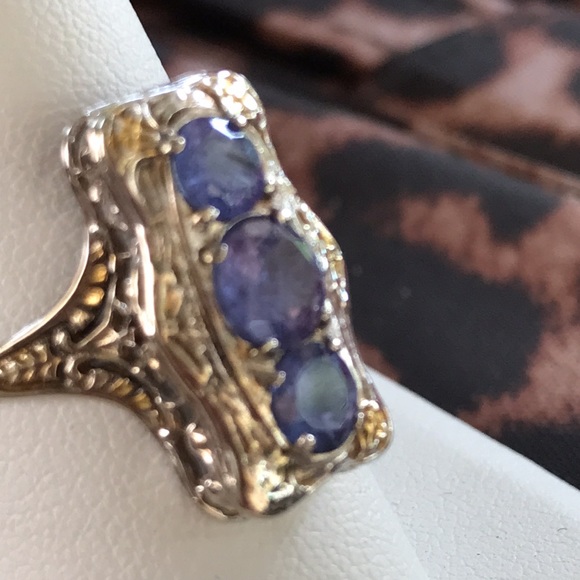 14k WG/YG - Three Stone Tanzanite Ring - Art Deco Style - Sz 9 - Picture 2 of 10